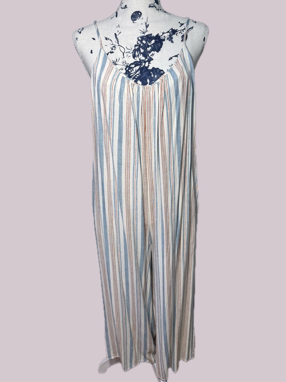Three Bird Nest Striped Spaghetti-Strap Wide-Leg Jumpsuit in Blue & Cream